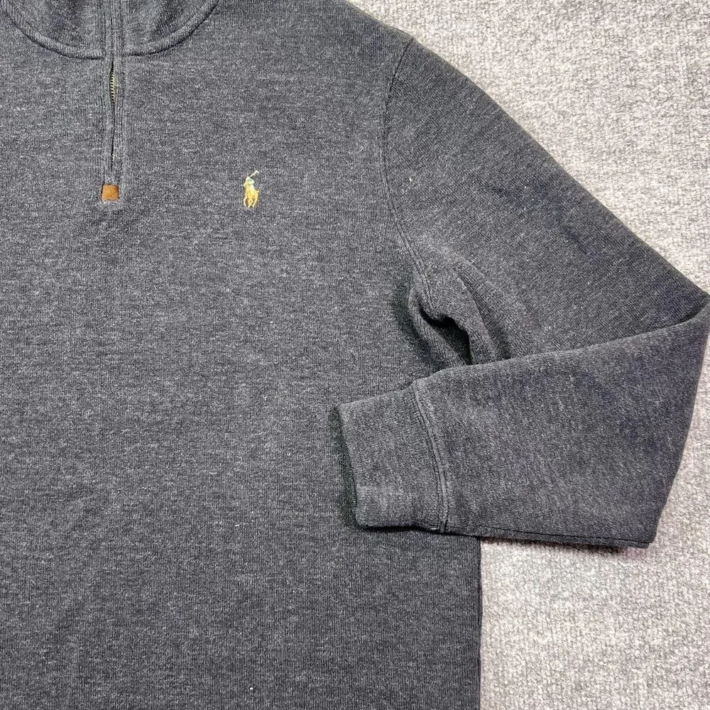 Polo Ralph Lauren Sweater Mens Large Gray Cotton 1/4 Zip Mock Neck Pullover Logo